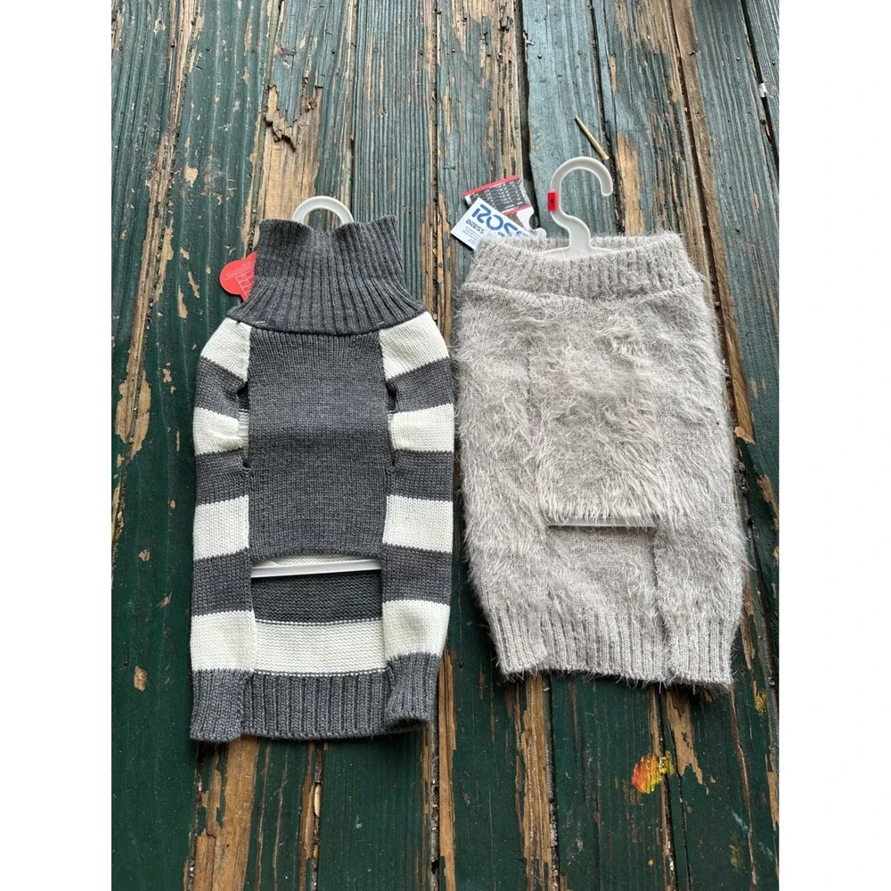 Furever Friends Dog Sweater Bundle Small Grey‎ Striped & Fuzzy Taupe Knit 2pc